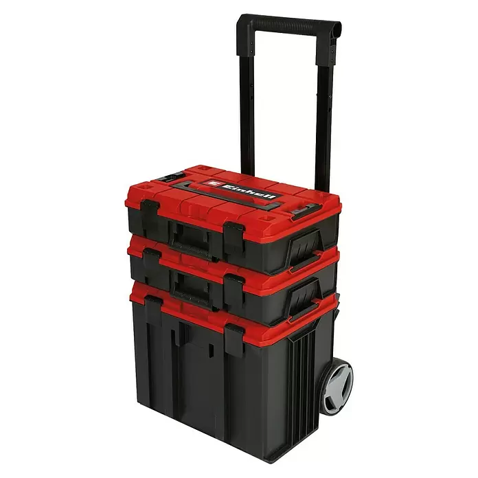 Einhell Systemkoffer E-Case Tower - L x B x H: 45 x 41,2 x 69,1 cm, Polypropylen, Traglast: 120 kg - Stapelbare rote und schwarze Kunststoff-Werkzeugkiste auf Rädern mit ausziehbarem Griff.