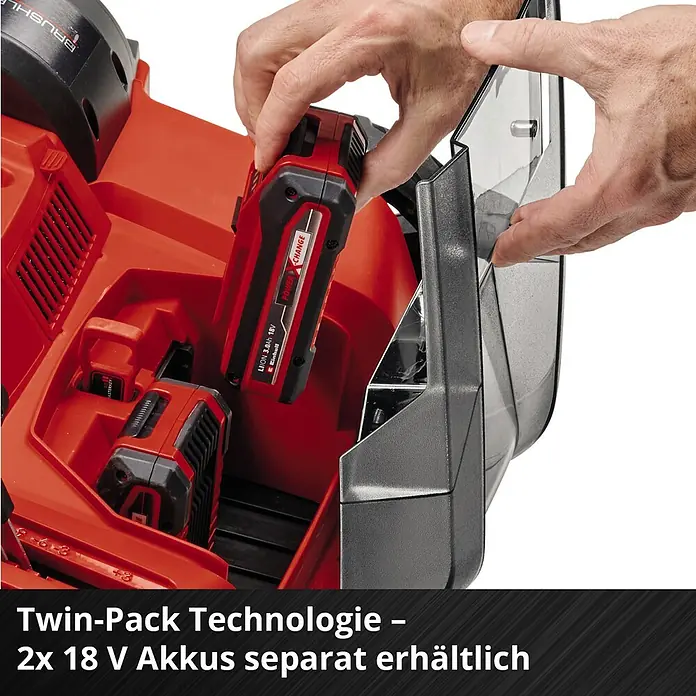Einhell Power X-Change 18V Akku-Vertikutierer-Lüfter GE-SC 36/35 LI SOLO - Anzahl Akkus: Ohne Akku, 36 V - Twin-Pack Technologie: Zwei 18V Akkus werden in ein rotes Einhell-Gerät eingesetzt, separat erhältlich für maximale Flexibilität.