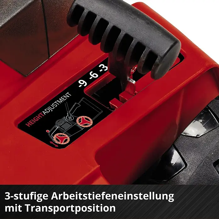 Einhell Power X-Change 18V Akku-Vertikutierer-Lüfter GE-SC 36/35 LI SOLO - Anzahl Akkus: Ohne Akku, 36 V - Detailansicht der Höheneinstellung eines roten Rasenmähers mit den Stufen -9, -6 und -3.