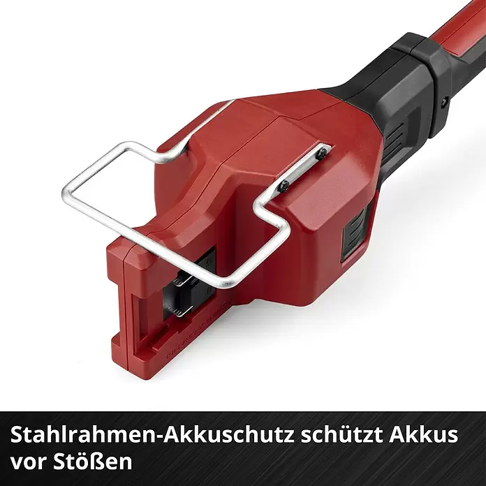 Einhell Professional Akku-Motorsense SOLO GP-BC 36/430 LI P BL - 36 V, Ohne Akku, Schnittbreite Faden: 43 cm, Schnittbreite Messer: 25,5 cm - Rotes und schwarzes Elektrowerkzeug mit silbernem Stahlrahmen zum Schutz des Akkuanschlusses.