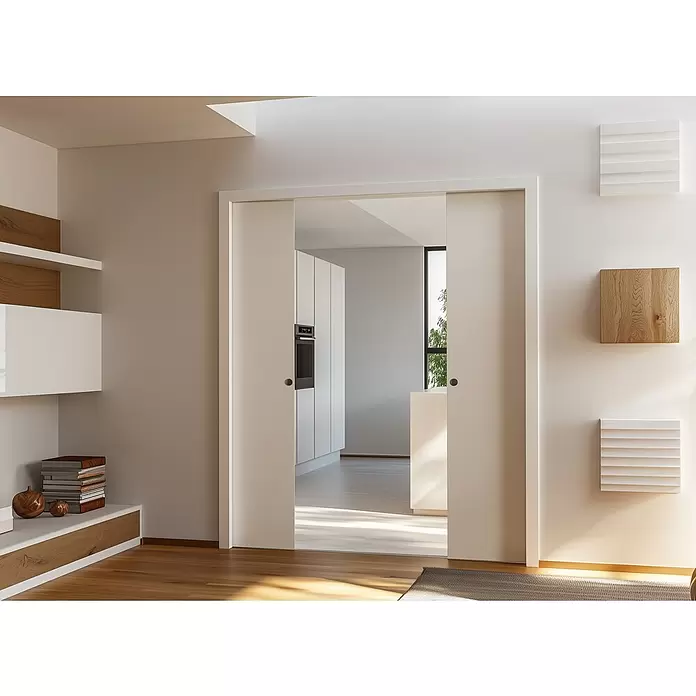 Entravia Zarge CW100 - 610 x 1.985 mm, Holzschiebetüren, 2-flügelig, Passend für: Entravia Simple-Pocket Schiebetürsystem, Weiß lackiert, ähnlich RAL 9010 - Weiße Taschentüren öffnen sich zu einer modernen Küche und maximieren den Raum zwischen den Zimmern.