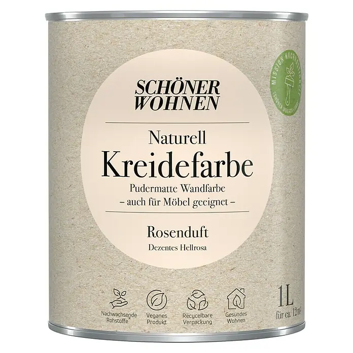 SCHÖNER WOHNEN-Farbe Naturell Wandfarbe Kreidefarbe - Rosenduft - dezentes Hellrosa, Matt, 1 l, Konservierungsmittelfrei - Dose Schön Wohnen Naturell Kreidefarbe Rosenduft, eine pudermatte Wandfarbe, die auch für Möbel geeignet ist, mit 1 Liter Inhalt.