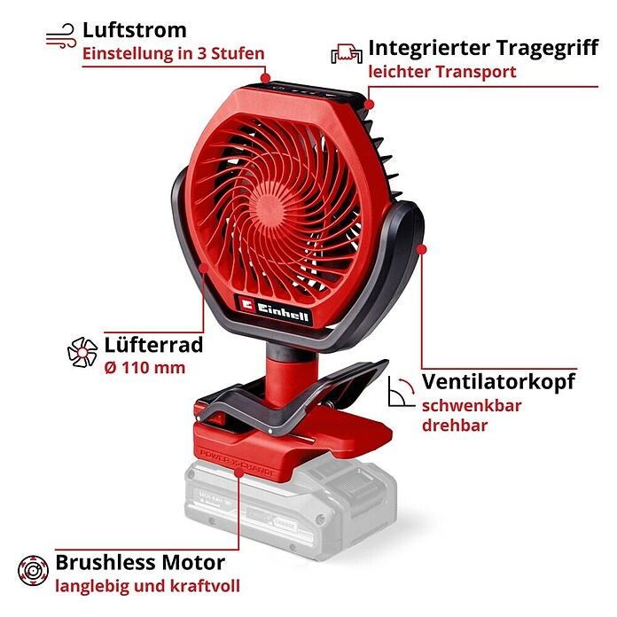 Einhell Power X-Change 18V Akku-Ventilator GC-CF 18/110 Li (Rot, 11 cm, 18 V, Ohne Akku) | BAUHAUS