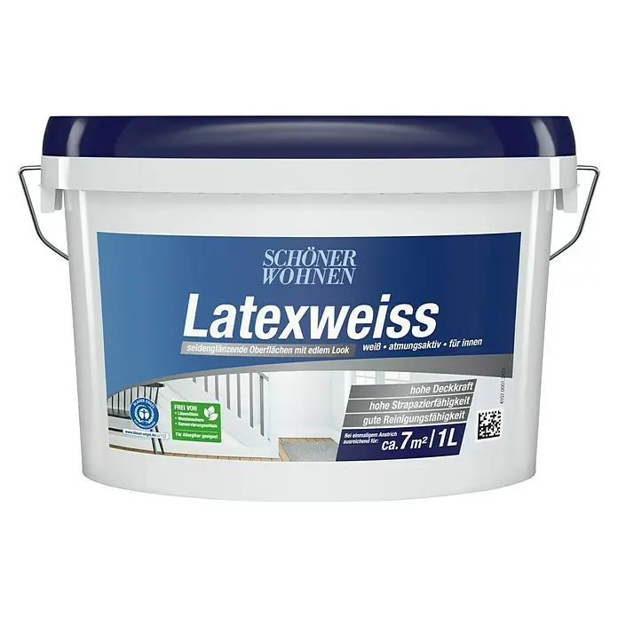 SCHÖNER WOHNEN-Farbe Latexfarbe Latexweiß - Weiß, Seidenglänzend, 1 l, Konservierungsmittelfrei - Dose Schönen Wohnen Latexweiss für Innenräume. Die Farbe ist atmungsaktiv und hat eine seidenglänzende Oberfläche.