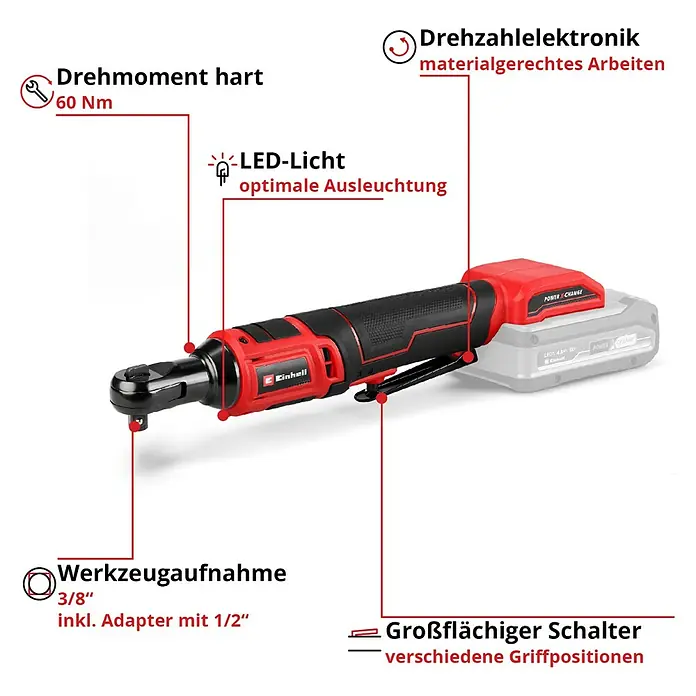 Einhell Power X-Change 18V Akku-Ratschenschrauber TE-RW 18/60 Li-Solo - 18 V, Ohne Akku, Max. Drehmoment: 60 Nm - Akku-Drehschlagschrauber von Einhell mit LED-Licht, Drehzahlelektronik, Werkzeugaufnahme und großflächigem Schalter.