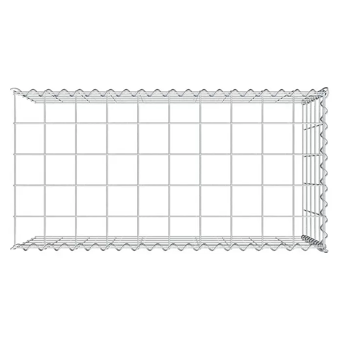 Gabiona Gabione Typ 4 - Zum Anbau in Länge & Höhe, 100 x 50 x 50 cm, Stahl, Maschenbreite: 100 mm, Maschenhöhe: 100 mm, Spirale - Leerer rechteckiger Gabionenkorb aus silbernem Drahtgeflecht.