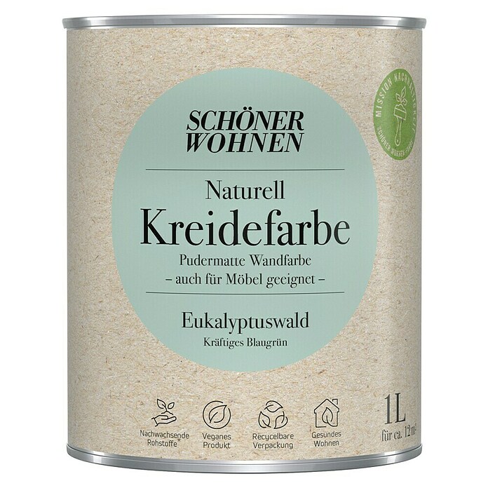 SCHÖNER WOHNEN-Farbe Naturell Wandfarbe Kreidefarbe (Eukalyptuswald - kräftiges Blaugrün, Matt, 1 l, Konservierungsmittelfrei) | BAUHAUS