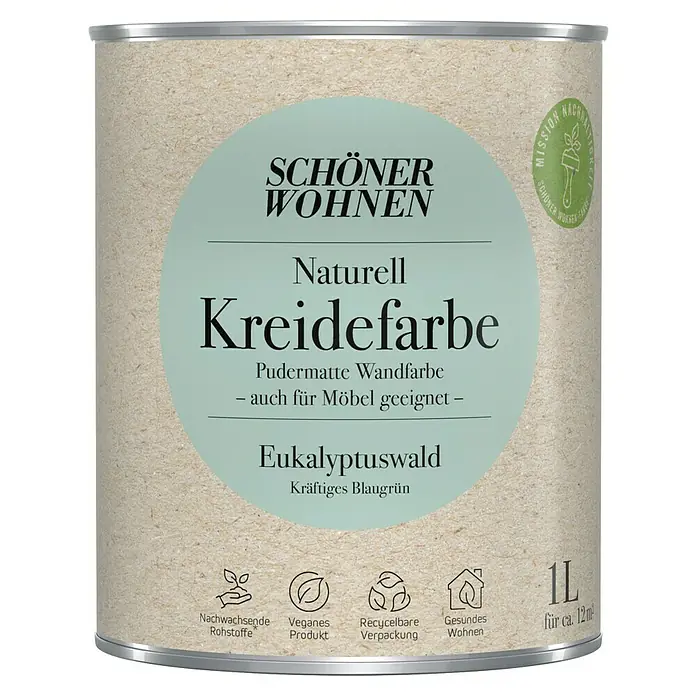 SCHÖNER WOHNEN-Farbe Naturell Wandfarbe Kreidefarbe - Eukalyptuswald - kräftiges Blaugrün, Matt, 1 l, Konservierungsmittelfrei - Dose Kreidefarbe "Eukalyptuswald" von Schöner Wohnen, eine pudermatte Wandfarbe, die auch für Möbel geeignet ist. Veganes Produkt in recycelbarer Verpackung.