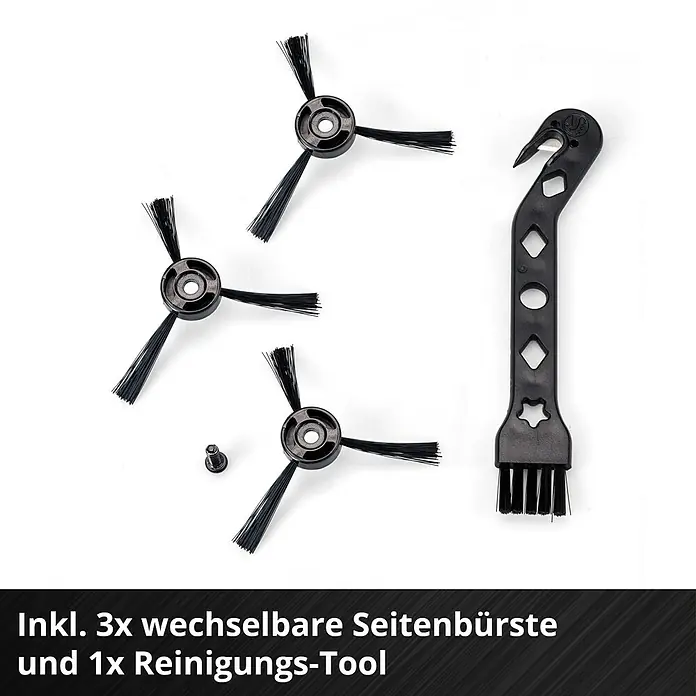 Einhell Power X-Change 18V Akku-Besen TE-FS 18 Li-Solo - 18 V, Ohne Akku, Arbeitsbreite: 250 mm - Bild von drei Seitenbürsten und einem Reinigungswerkzeug für Staubsaugerroboter.