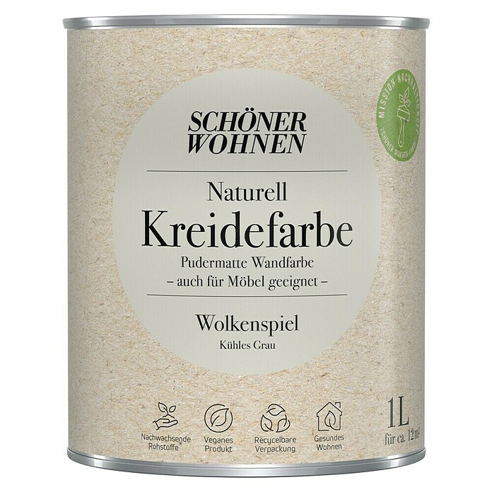 SCHÖNER WOHNEN-Farbe Naturell Wandfarbe Kreidefarbe (Wolkenspiel - kühles Grau, Matt, 1 l, Konservierungsmittelfrei) | BAUHAUS
