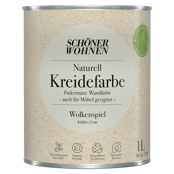 SCHÖNER WOHNEN-Farbe Naturell Wandfarbe Kreidefarbe - Wolkenspiel - kühles Grau, Matt, 1 l, Konservierungsmittelfrei - Schöner Wohnen Naturell Kreidefarbe "Wolkenspiel" in kühlem Grau, eine pudermatte Wandfarbe, die auch für Möbel geeignet ist, im 1L Gebinde.