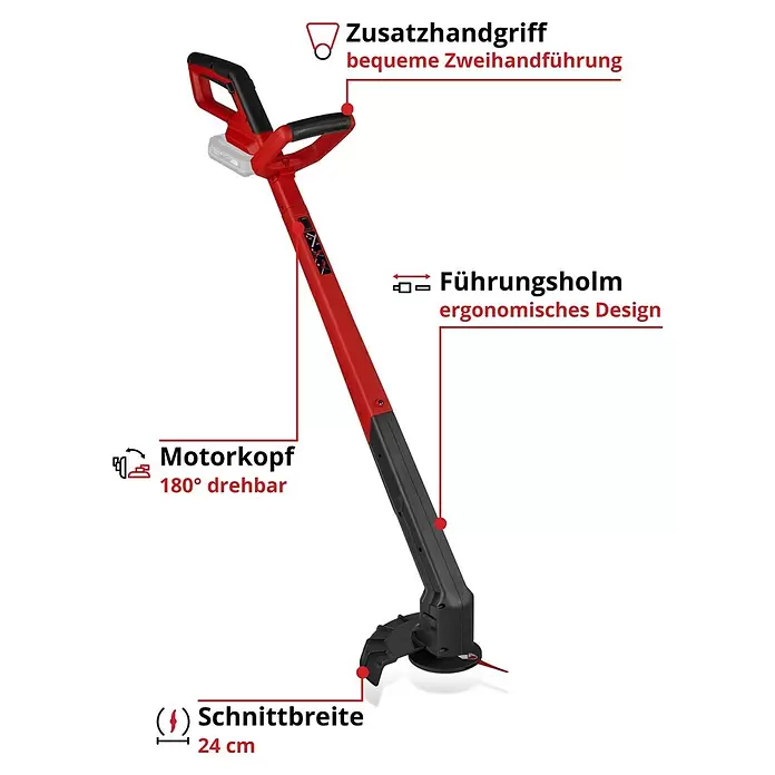 Einhell Power X-Change 18V Akku-Rasentrimmer GC-CT 18/2411 Li P-Solo - 18 V, Li-Ionen, Ohne Akku, Schnittbreite Messer: 24 cm - Roter und schwarzer Akku-Rasentrimmer mit verstellbarem Kopf und ergonomischem Griff für die Gartenpflege.