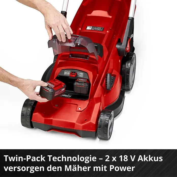 Einhell Power X-Change 18V Akku-Rasenmäher Rasarro 36/42 - 36 V, 2 Akkus, 5,2 Ah, Schnittbreite: 42 cm - Aufsicht auf einen roten Rasenmäher mit Twin-Pack Technologie, der mit zwei 18 V Akkus betrieben wird.