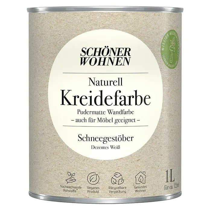 SCHÖNER WOHNEN-Farbe Naturell Wandfarbe Kreidefarbe - Schneegestöber - dezentes Weiß, Matt, 1 l, Konservierungsmittelfrei - Dose Schön Wohnen Naturell Kreidefarbe Schneegestöber, eine pudermatte Wandfarbe, die auch für Möbel geeignet ist. 1L für ca. 12m².