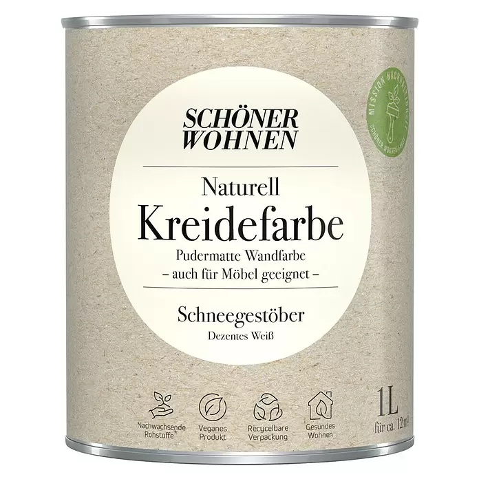 SCHÖNER WOHNEN-Farbe Naturell Wandfarbe KreidefarbeSchneegestöber - dezentes Weiß, Matt, 1 l, Konservierungsmittelfrei