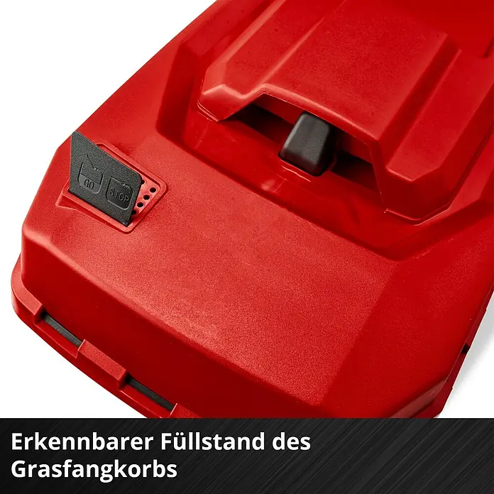Einhell Power X-Change 18V Akku-Rasenmäher Rasarro 36/42 - 36 V, 2 Akkus, 5,2 Ah, Schnittbreite: 42 cm - Erkennbarer Füllstand des Grasfangkorbs. Der Rasenmäher hat eine rote Farbe, außerdem gibt es eine „Go/Stop“-Taste.