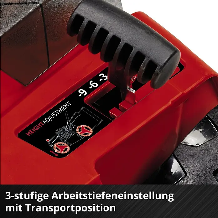 Einhell Power X-Change 18V Akku-Vertikutierer-Lüfter GE-SA 36/35 - Anzahl Akkus: Ohne Akku, 36 V, Arbeitsbreite: 35 cm - Detailansicht der 3-stufigen Arbeitstiefeneinstellung mit Transportposition einer Gartenfräse.