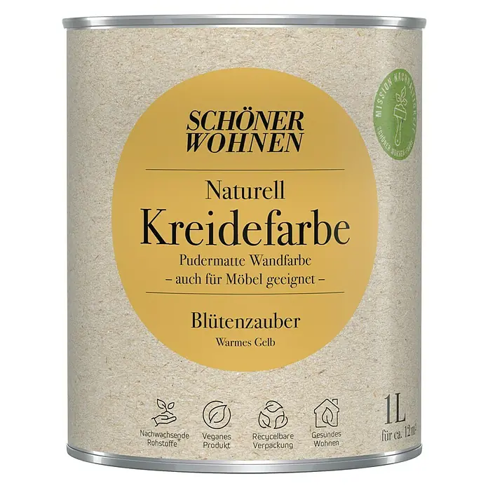 SCHÖNER WOHNEN-Farbe Naturell Wandfarbe Kreidefarbe - Blütenzauber - warmes Gelb, Matt, 1 l, Konservierungsmittelfrei - Dose Schönere Wohnen Naturell Kreidefarbe Blütenzauber. Pudermatte Wandfarbe, auch für Möbel. Warmer Gelbton, 1 Liter für ca. 12m².
