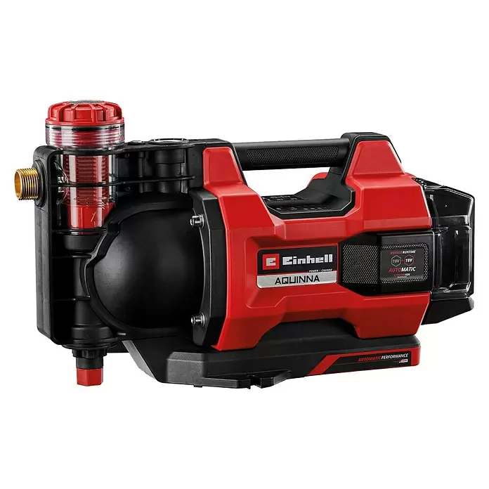 Einhell Power X-Change 18V Akku-Gartenpumpe Aqinna 18/30 F LED Automatic - 18 V, Li-Ionen, Ohne Akku, Max. Fördermenge: 3.000 l/h - Rote und schwarze Einhell Aquinna Akku-Wasserpumpe mit klarem Filtergehäuse und sichtbarem Akkufach.