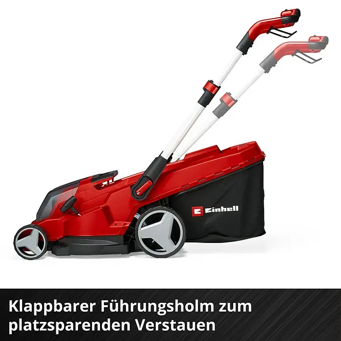 Einhell Power X-Change 18V Akku-Rasenmäher Rasarro 36/42 - 36 V, 2 Akkus, 5,2 Ah, Schnittbreite: 42 cm - Klappbarer Führungsholm für die platzsparende Aufbewahrung des Einhell Akku-Rasenmähers.
