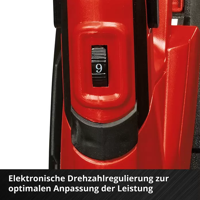 Einhell Power X-Change 18V Akku-Bodenhacke GE-CR 18/20LI E - Anzahl Akkus: Ohne Akku, Li-Ionen - Rotes Elektrowerkzeug mit elektronischem Drehzahlregler, der '9' für optimale Leistungsanpassung anzeigt.