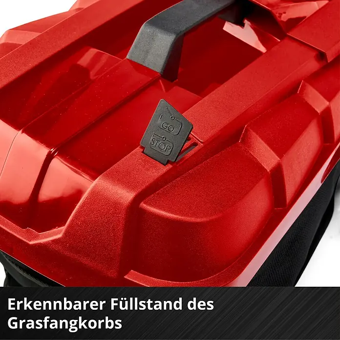 Einhell Power X-Change 18V Akku-Rasenmäher Rasarro 36/34 - 36 V, 2 Akkus, 3 Ah, Schnittbreite: 34 cm - Nahaufnahme des Grasfangkorbs eines Gartengeräts, der einen erkennbaren Füllstand anzeigt. Praktischer Füllstandsanzeiger für effizientes Rasenmähen.