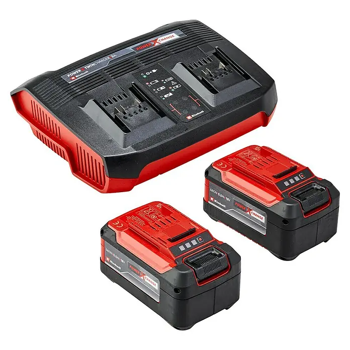 Einhell Power X-Change 18V Akku-Rasenmäher Rasarro 36/42 - 36 V, 2 Akkus, 5,2 Ah, Schnittbreite: 42 cm - Ein Power X-Twincharger 3A Akkuladegerät mit zwei 18V 5.2Ah Lithium-Ionen-Akkus von Einhell, ideal für kabellose Werkzeuge und Gartengeräte.
