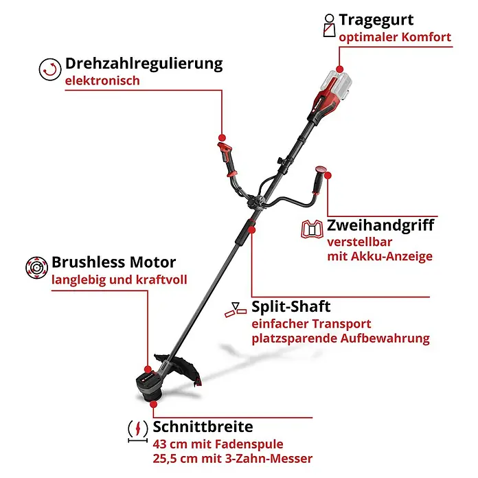 Einhell Professional Akku-Motorsense SOLO GP-BC 36/430 LI BL - 36 V, Ohne Akku, Schnittbreite Faden: 43 cm, Schnittbreite Messer: 25,5 cm - Abbildung eines Akku-Rasentrimmers mit verschiedenen Funktionen wie Drehzahlregulierung und Split-Shaft.