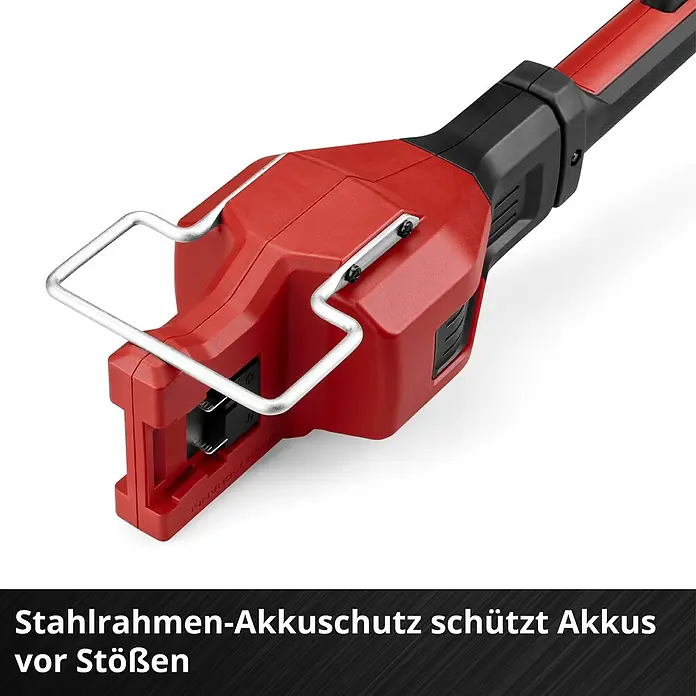 Einhell Professional Akku-Motorsense SOLO GP-BC 36/430 LI BL - 36 V, Ohne Akku, Schnittbreite Faden: 43 cm, Schnittbreite Messer: 25,5 cm - Stahlrahmen-Akkuschutz für Akkus. Der robuste Rahmen schützt den Akku vor Stößen und verlängert die Lebensdauer des Werkzeugs.
