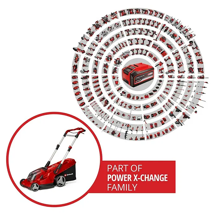 Einhell Power X-Change 18V Akku-Rasenmäher Rasarro 36/42 - 36 V, 2 Akkus, 5,2 Ah, Schnittbreite: 42 cm - Abbildung eines Einhell Akku-Rasenmähers, Teil der Power X-Change Familie, mit Akku und anderen Gartengeräten im Hintergrund.