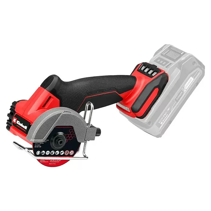 Einhell Professional Power X-Change 18V Akku-Trennschleifer TP-CO 18/76-C Li BL - Solo - Ohne Akku - Rote und schwarze Akku-Mini-Kreissäge mit silbernem Blattschutz, betrieben mit einem abnehmbaren Akkupack.