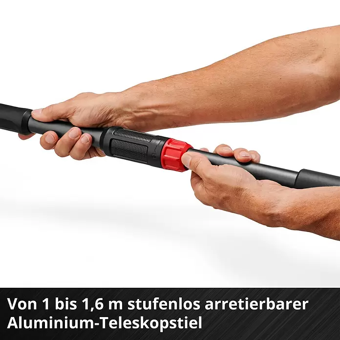 Einhell Professional Akku-Astschere SOLO GP-LS 18/28 - Max. Aststärke: 2,8 mm - Hände verstellen eine schwarze Aluminium-Teleskopstange mit rotem Verschluss. Stufenlos arretierbar von 1 bis 1,6 Metern.