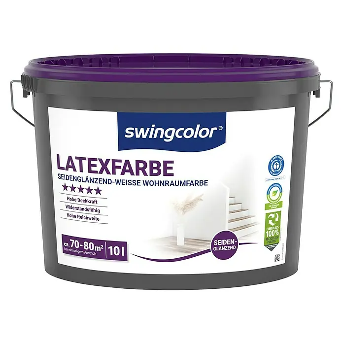 swingcolor Latexfarbe - Schneeweiß, Seidenglänzend, 10 l, Konservierungsmittelfrei - Eimer Swingcolor Latexfarbe, seidenglänzend, weiße Wohnraumfarbe für Innenräume. Hohe Deckkraft und Widerstandsfähigkeit. Ideal für Renovierungen.
