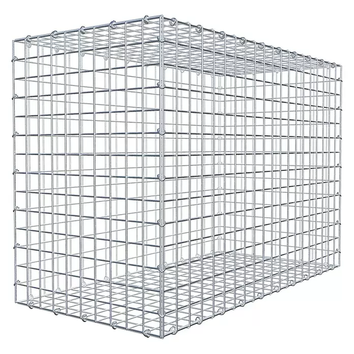 Gabiona Gabione - 100 x 50 x 70 cm, Stahl, Maschenbreite: 50 mm, Maschenhöhe: 50 mm, C-Ring - Rechteckiger, leerer Gabionenkorb aus silberfarbenem, verzinktem Drahtgeflecht, bereit zur Befüllung.