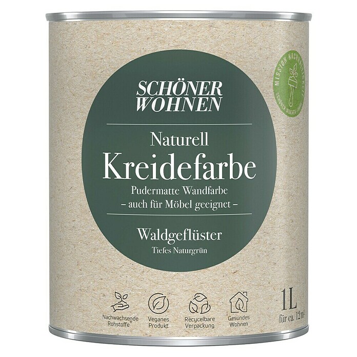SCHÖNER WOHNEN-Farbe Naturell Wandfarbe Kreidefarbe (Waldgeflüster - tiefes Naturgrün, Matt, 1 l, Konservierungsmittelfrei) | BAUHAUS