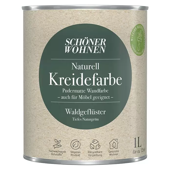 SCHÖNER WOHNEN-Farbe Naturell Wandfarbe KreidefarbeWaldgeflüster - tiefes Naturgrün, Matt, 1 l, Konservierungsmittelfrei