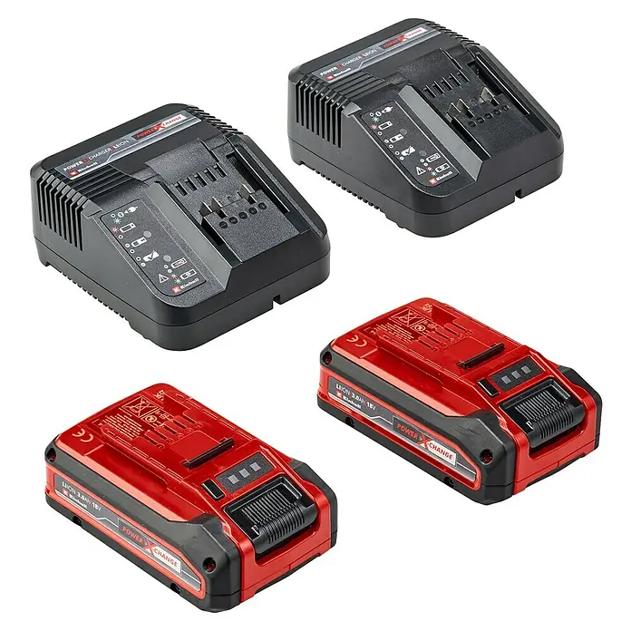 Einhell Power X-Change 18V Akku-Rasenmäher Rasarro 36/36 - 36 V, 2 Akkus, 3 Ah, Schnittbreite: 36 cm - Nahaufnahme von Einhell Power X-Change Akkuladegeräten und Akkus, die die Produkteigenschaften hervorheben.