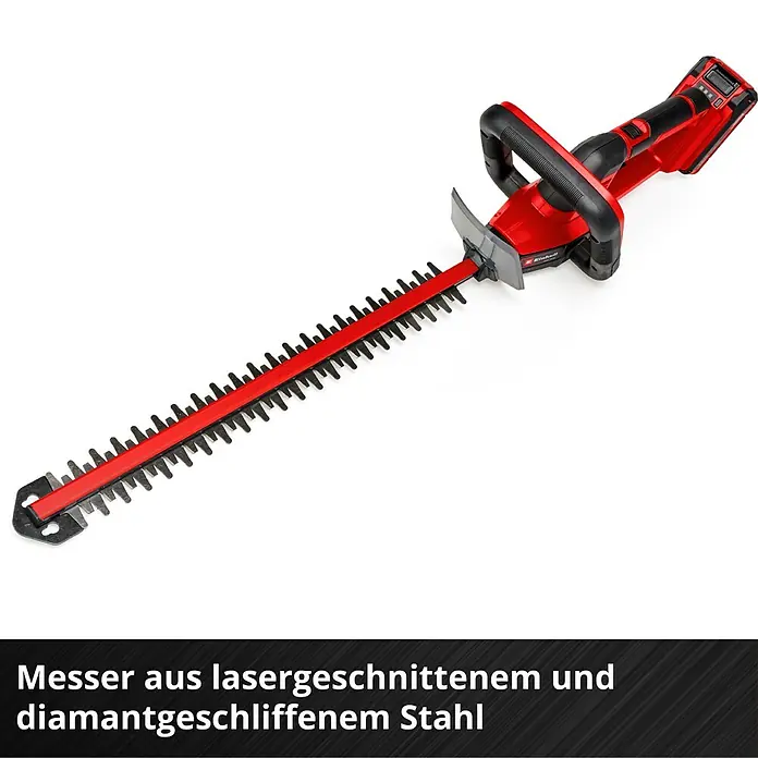 Einhell Power X-Change 18V Akku-Heckenschere GC-CH 18/50 Li-Solo - 18 V, Li-Ionen, Ohne Akku, Schnittlänge: 50 cm - Bild einer roten Einhell Akku-Heckenschere mit lasergeschnittenen Messern.