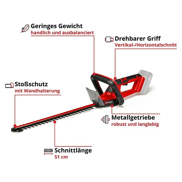 Einhell Power X-Change 18V Akku-Heckenschere GC-CH 18/50 Li-Solo - 18 V, Li-Ionen, Ohne Akku, Schnittlänge: 50 cm - Abbildung einer roten Einhell Heckenschere mit Produktmerkmalen wie geringem Gewicht und drehbarem Griff.