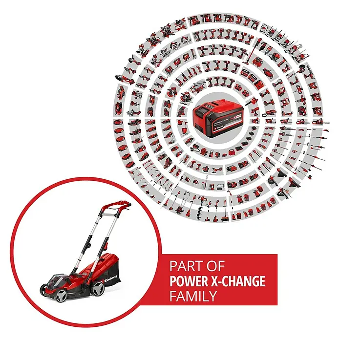 Einhell Power X-Change 18V Akku-Rasenmäher Rasarro 36/34 - 36 V, 2 Akkus, 3 Ah, Schnittbreite: 34 cm - Akku-Rasenmäher als Teil der Power X-Change Familie. Das Bild zeigt das Power X-Change Akkusystem und eine Auswahl an Werkzeugen.