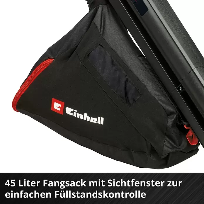 Einhell Power X-Change 18V Akku-Laubsauger & -Laubbläser Venturro 18/210 - 18 V, Ohne Akku, Blasgeschwindigkeit: 210 km/h - Schwarzer 45-Liter-Fangsack von Einhell mit Sichtfenster und rotem Reißverschluss.