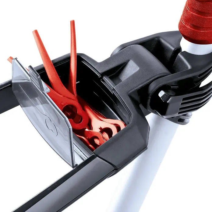 Einhell Power X-Change 18V Akku-Rasentrimmer GE-CT 18 Li - 18 V, 2,5 Ah, Li-Ionen, 1 Akku, Schnittbreite Messer: 24 cm - Nahaufnahme eines Rasentrimmers mit Ersatzmessern in einem Behälter. Ideal für Gartenarbeit und Rasenpflege.