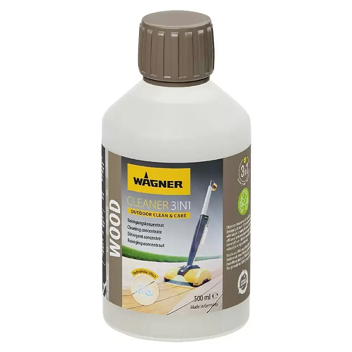Wagner Holzreiniger 3 in 1 - 500 ml - Weiße Wagner 3-in-1 Außenholzreiniger-Konzentratflasche (500 ml) mit grauem Deckel und mehrfarbigem Etikett mit Bodenreinigungs-Illustration.