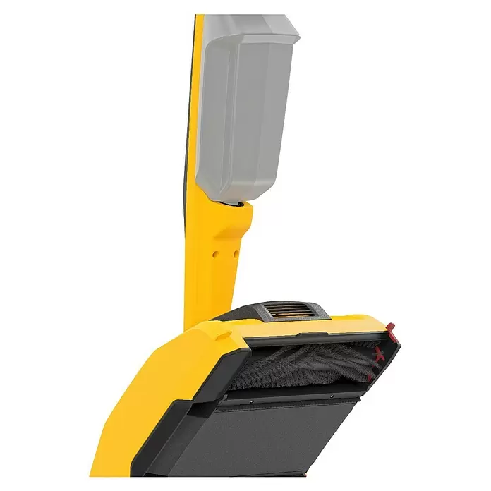 Wagner Akku-Terrassenreiniger Levaro PowerBrush 18V - 18 V, Ohne Akku, 700 l - Ein gelb-schwarzer Kehrmaschine mit grauem Sammelbehälter und sichtbaren Bürsten.