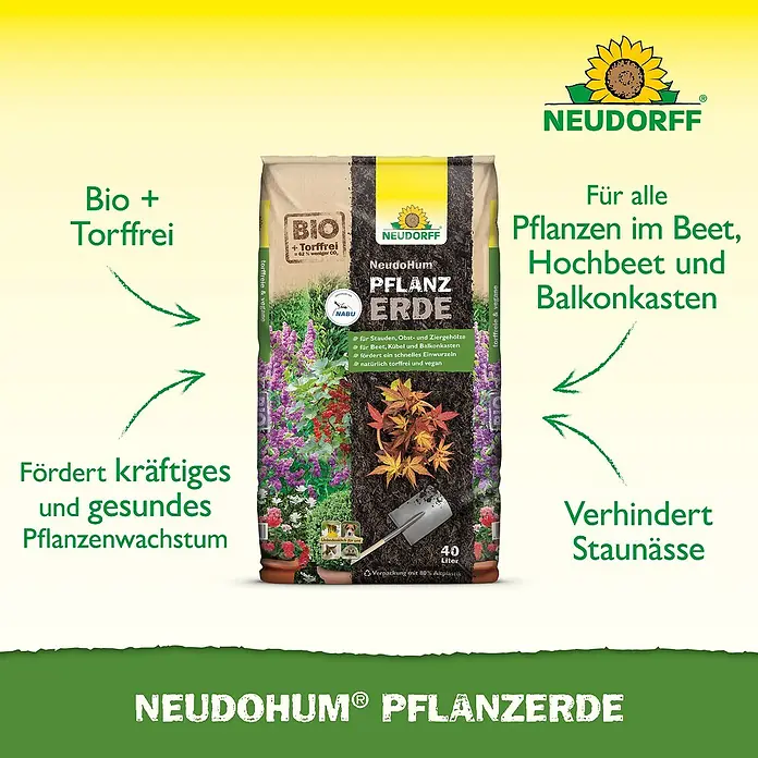 Neudorff NeudoHum Bio-Pflanzerde - 40 l - Abbildung eines Sackes Neudorff NeudoHum Pflanzerde, torffreie Bio-Blumenerde für gesundes Pflanzenwachstum im Garten.