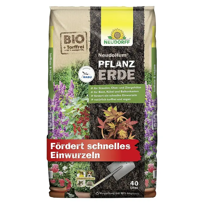 Neudorff NeudoHum Bio-Pflanzerde - 40 l - Abbildung einer Packung NeudoHum Pflanzerde, torffrei und vegan, die schnelles Einwurzeln fördert und für Stauden, Obst und Ziergehölze geeignet ist.
