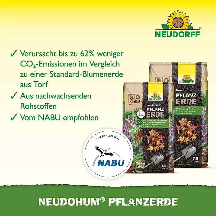Neudorff NeudoHum Bio-Pflanzerde - 40 l - Die Neudorff NeudoHum Pflanzerde ist torffrei, vegan und reduziert CO2-Emissionen. Empfohlen vom NABU für gesundes Pflanzenwachstum.