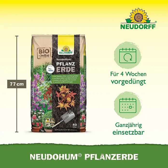 Neudorff NeudoHum Bio-Pflanzerde - 40 l - Abbildung eines Neudohum Pflanzerde-Sacks mit dem Hinweis, dass die Erde für 4 Wochen vorgedüngt und ganzjährig einsetzbar ist.