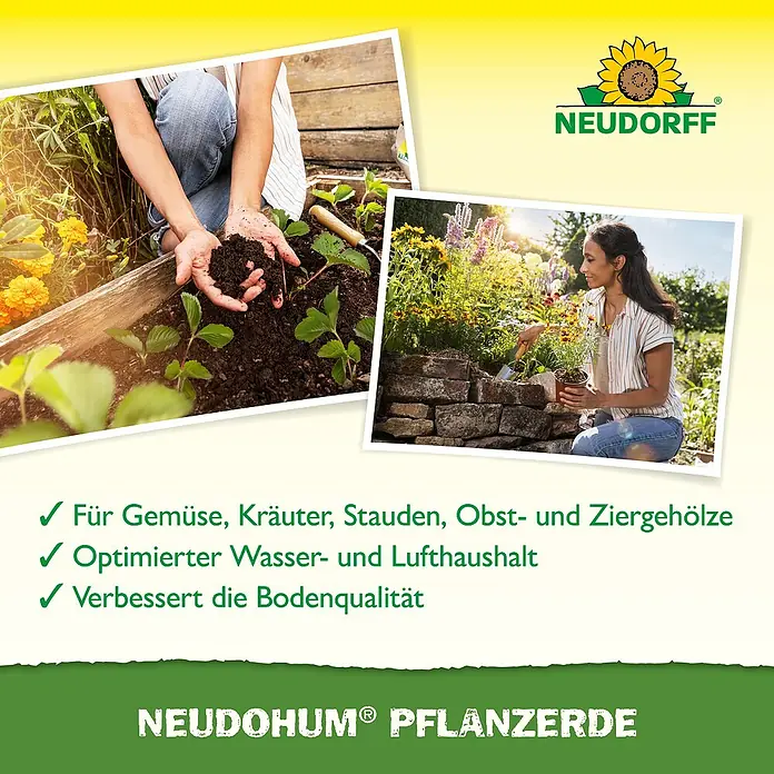 Neudorff NeudoHum Bio-Pflanzerde - 40 l - Bild zeigt NEUDOHUM® Pflanzerde, ideal für Gemüse, Kräuter und Ziergehölze, verbessert Bodenqualität.