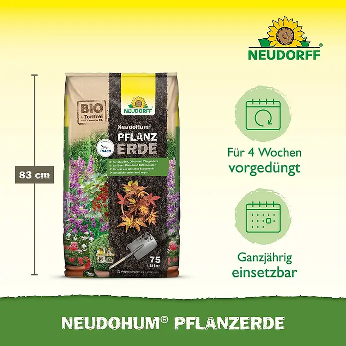 Neudorff NeudoHum Pflanzerde - 75 l - Abbildung eines NeudoHum® Pflanzerde-Sacks, der gebrauchsfertige Erde für Pflanzen in Gärten und Containern enthält.